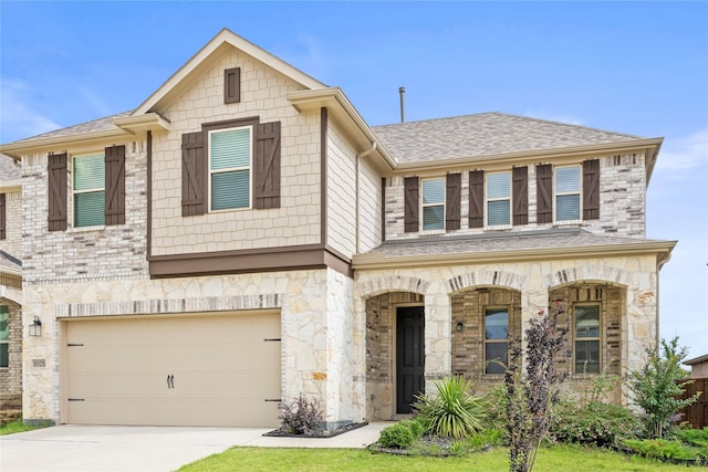 1028 W Dr, Aubrey, TX 76227 - multi unit property featuring stone siding, driveway, a garage, a porch, and a shingled roof