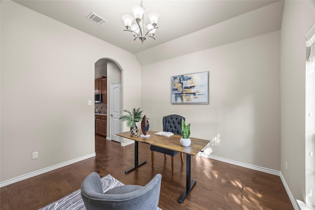 1825 Sanderlain Ln, Allen, TX 75002 - office space with baseboards, arched walkways, a chandelier, dark wood-style floors, and lofted ceiling