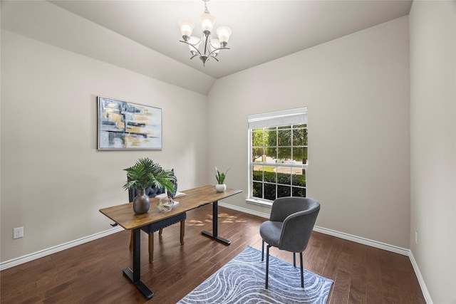 1825 Sanderlain Ln, Allen, TX 75002 - office space featuring a chandelier, baseboards, dark wood-style flooring, and lofted ceiling