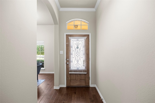 1825 Sanderlain Ln, Allen, TX 75002 - entryway featuring wood finished floors, arched walkways, baseboards, and crown molding