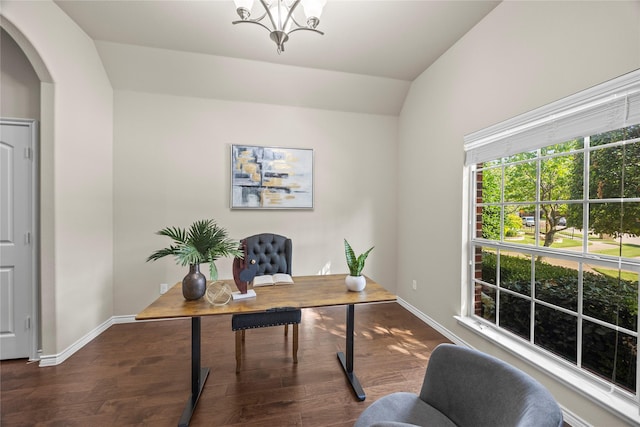 1825 Sanderlain Ln, Allen, TX 75002 - office space with lofted ceiling, wood finished floors, baseboards, a chandelier, and arched walkways