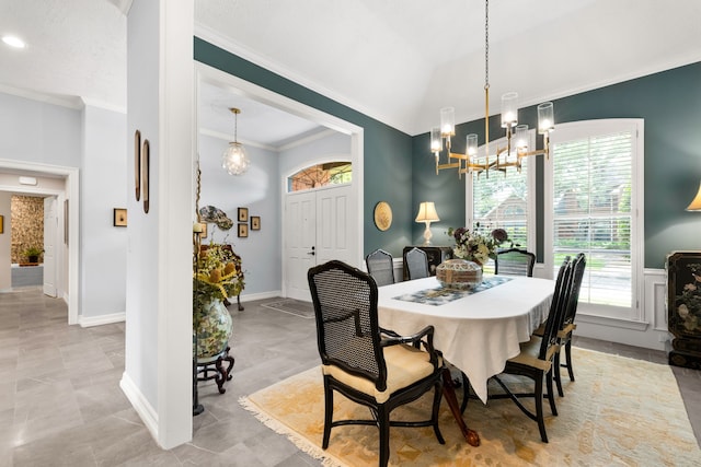 5701 Buffridge Trl, Dallas, TX 75252 - dining room featuring a chandelier, plenty of natural light, crown molding, and baseboards