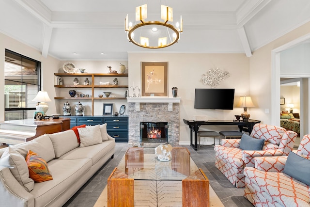 5701 Buffridge Trl, Dallas, TX 75252 - living room featuring a chandelier, beam ceiling, a stone fireplace, and ornamental molding