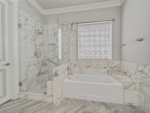 8009 Marathon Dr, Plano, TX 75024 - bathroom featuring a bath, a marble finish shower, and ornamental molding