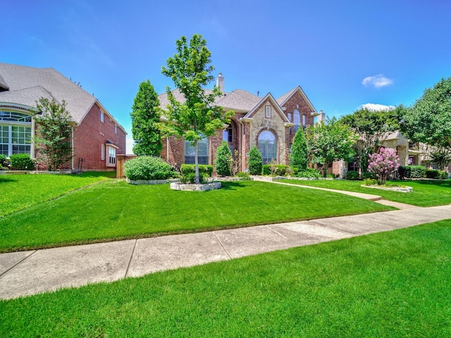 8009 Marathon Dr, Plano, TX 75024 - view of front of house with a front yard, brick siding, and a chimney