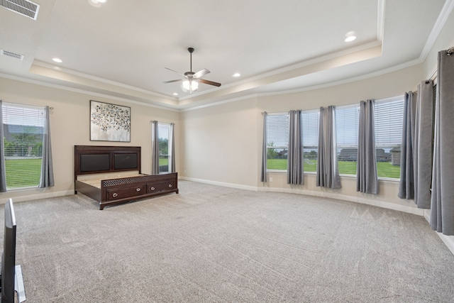 235 Bearclaw Cir, Aledo, TX 76008 - unfurnished bedroom featuring a tray ceiling, crown molding, carpet, baseboards, and recessed lighting