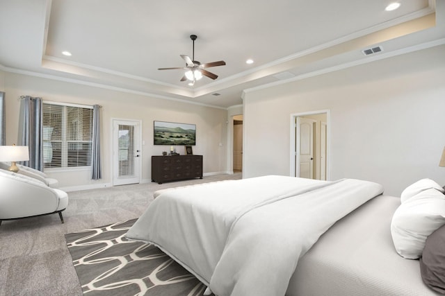 235 Bearclaw Cir, Aledo, TX 76008 - bedroom with a tray ceiling, recessed lighting, crown molding, carpet flooring, and access to exterior