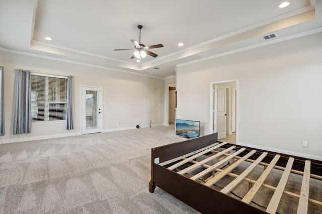 235 Bearclaw Cir, Aledo, TX 76008 - unfurnished bedroom with a tray ceiling, ornamental molding, recessed lighting, baseboards, and carpet