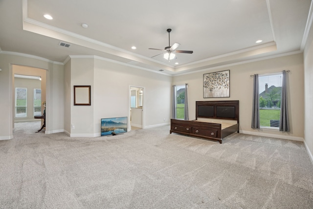 235 Bearclaw Cir, Aledo, TX 76008 - living area with a raised ceiling, a ceiling fan, plenty of natural light, carpet flooring, and ornamental molding