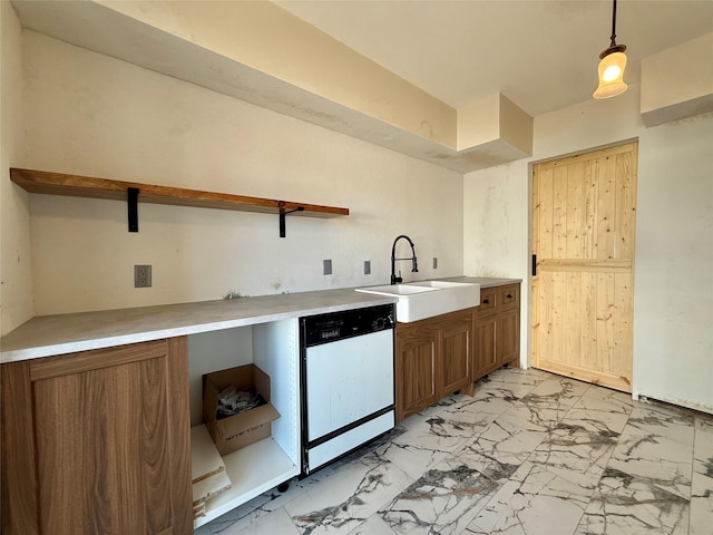 7830 Meadow Park Dr Unit 209, Dallas, TX 75230 - kitchen featuring open shelves, dishwasher, a sink, light marble finish floors, and brown cabinets
