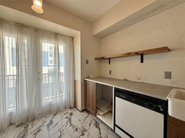 7830 Meadow Park Dr Unit 209, Dallas, TX 75230 - kitchen with white dishwasher, open shelves, light countertops, light marble finish floors, and brown cabinets