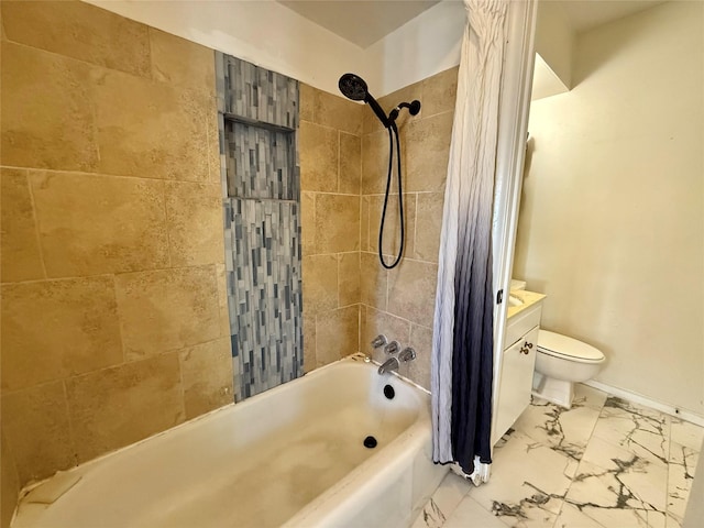7830 Meadow Park Dr Unit 209, Dallas, TX 75230 - bathroom with shower / tub combo with curtain, marble look tile flooring, baseboards, toilet, and vanity