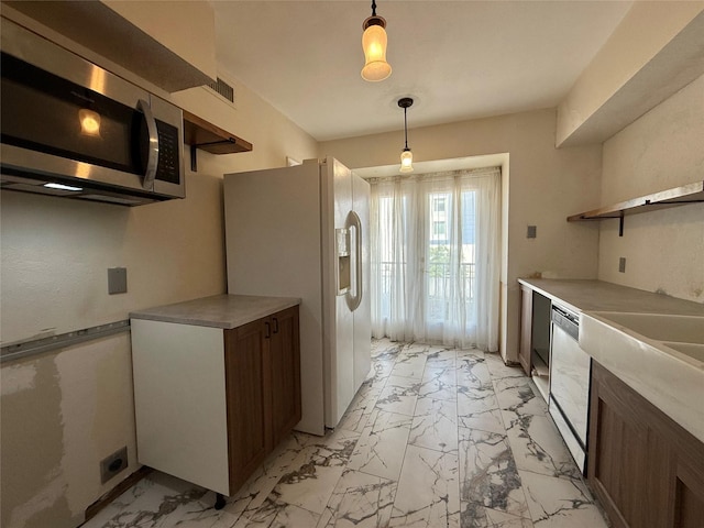 7830 Meadow Park Dr Unit 209, Dallas, TX 75230 - kitchen with stainless steel appliances, light marble finish floors, open shelves, pendant lighting, and light countertops