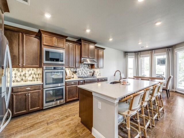 720 Lawndale St, Celina, TX 75009 - kitchen with appliances with stainless steel finishes, under cabinet range hood, light wood-style flooring, a sink, and backsplash