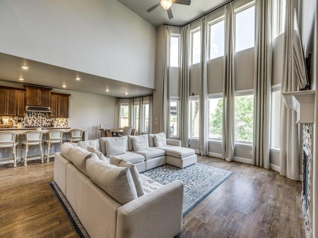 720 Lawndale St, Celina, TX 75009 - living room with a towering ceiling, a stone fireplace, baseboards, and wood finished floors
