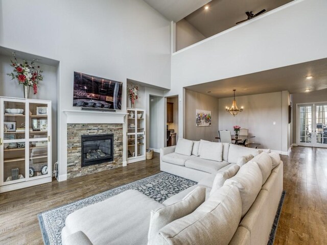 720 Lawndale St, Celina, TX 75009 - living area featuring a high ceiling, a ceiling fan, dark wood finished floors, and recessed lighting