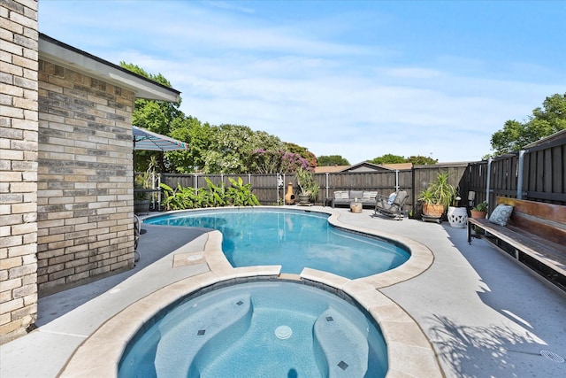 4208 Crestover Dr, Mesquite, TX 75150 - view of pool featuring a fenced backyard, a patio area, a pool with connected hot tub, and an outdoor living space