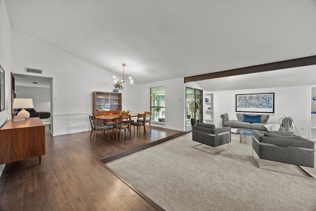 4208 Crestover Dr, Mesquite, TX 75150 - living room featuring lofted ceiling, dark wood finished floors, and a chandelier