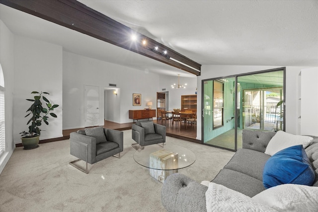 4208 Crestover Dr, Mesquite, TX 75150 - living room with healthy amount of natural light, beam ceiling, carpet floors, and a chandelier