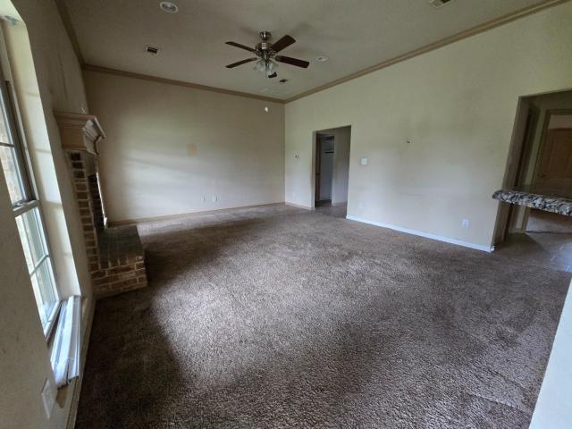unfurnished living room with crown molding, ceiling fan, carpet flooring, and baseboards