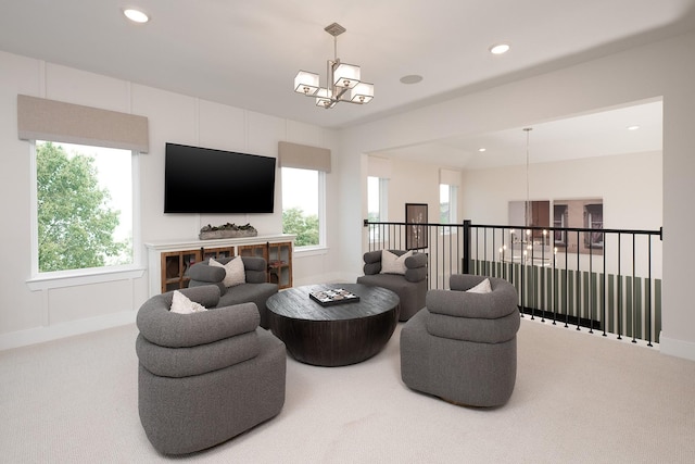 3124 Hoyle, Mckinney, TX 75071 - carpeted living area featuring a chandelier, recessed lighting, and baseboards