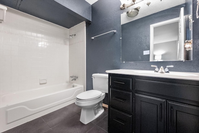 7817 Whirlwind Dr, Fort Worth, TX 76133 - full bathroom featuring tile patterned floors, toilet, a textured wall, shower / tub combination, and vanity
