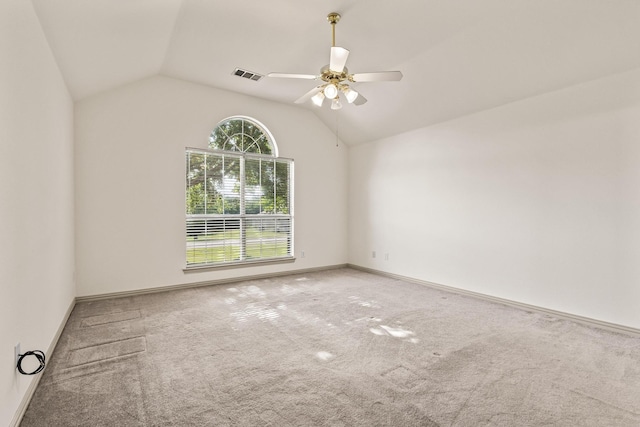 3559 Kayewood Dr, Little Elm, TX 75068 - spare room featuring vaulted ceiling, carpet flooring, a ceiling fan, and baseboards
