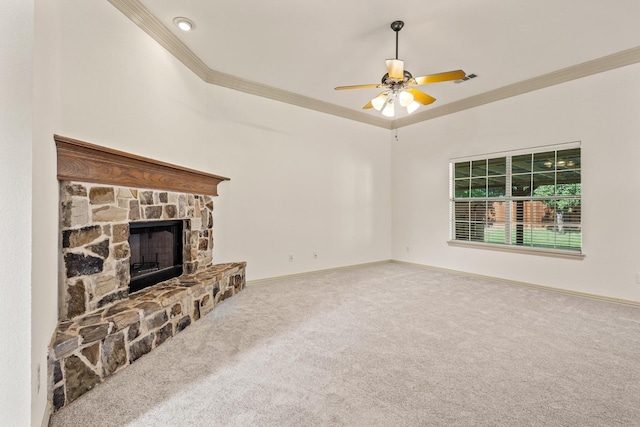 3559 Kayewood Dr, Little Elm, TX 75068 - unfurnished living room with ornamental molding, carpet, a stone fireplace, a ceiling fan, and baseboards