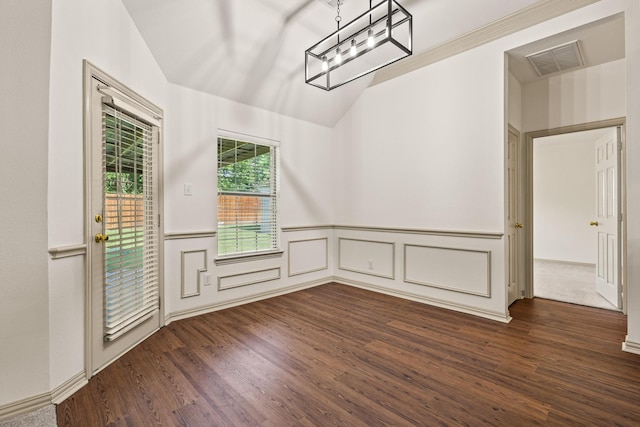 3559 Kayewood Dr, Little Elm, TX 75068 - unfurnished dining area with a chandelier, dark wood-style flooring, a wainscoted wall, and lofted ceiling