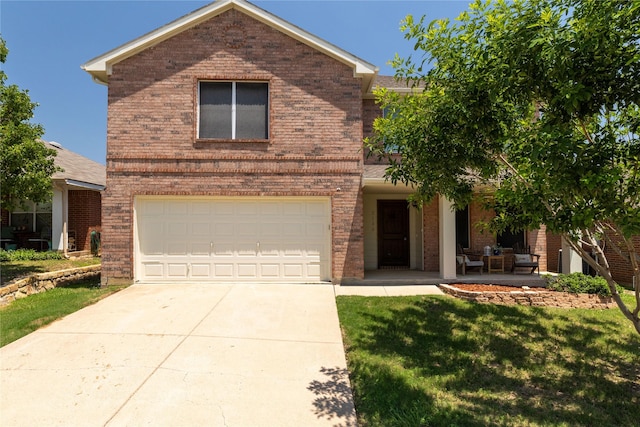 2133 Bliss Rd, Fort Worth, TX 76177 - traditional home with brick siding, a garage, driveway, a front lawn, and covered porch