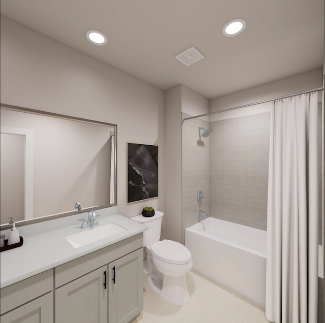 8425 Peach, Justin, TX 76247 - bathroom featuring toilet, vanity, shower / tub combo, and recessed lighting