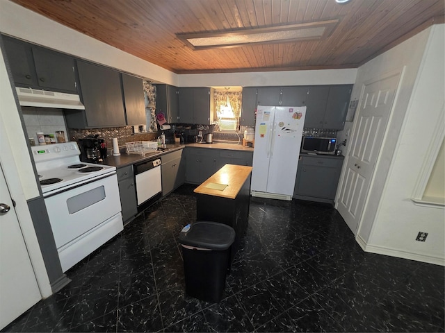 212 W 7th St, Lancaster, TX 75146 - kitchen featuring white appliances, under cabinet range hood, wooden ceiling, gray cabinets, and tasteful backsplash