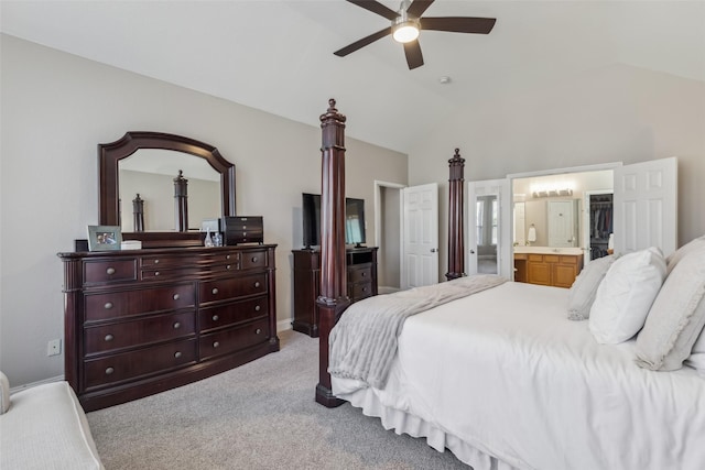 11310 Seguin Dr, Frisco, TX 75035 - bedroom with carpet floors, lofted ceiling, ensuite bathroom, baseboards, and a ceiling fan
