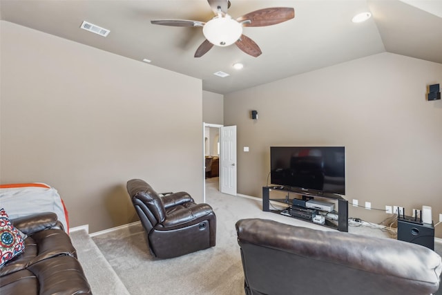 11310 Seguin Dr, Frisco, TX 75035 - living area featuring a ceiling fan, light colored carpet, vaulted ceiling, baseboards, and recessed lighting