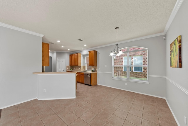 1106 Brook Ridge Ave, Allen, TX 75002 - kitchen with stainless steel dishwasher, a chandelier, light tile patterned flooring, decorative backsplash, and brown cabinets