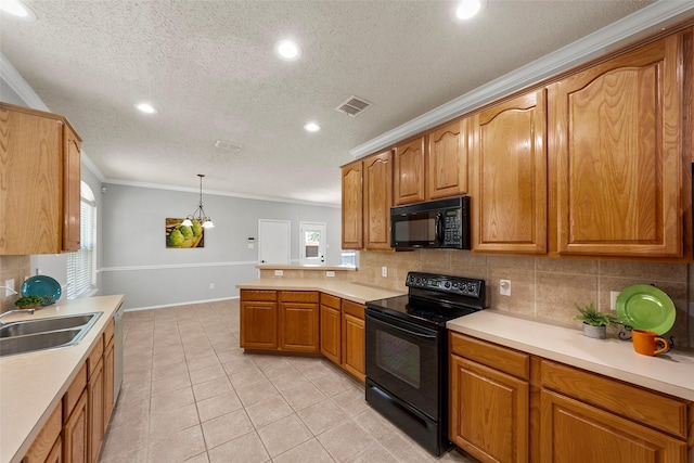 1106 Brook Ridge Ave, Allen, TX 75002 - kitchen featuring black appliances, a sink, crown molding, tasteful backsplash, and a textured ceiling