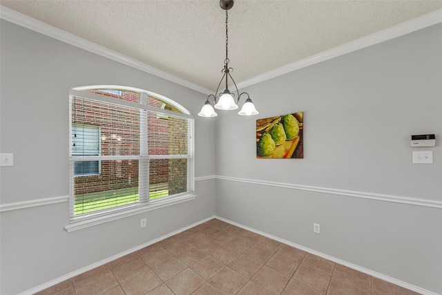 1106 Brook Ridge Ave, Allen, TX 75002 - spare room with a textured ceiling, a chandelier, tile patterned floors, crown molding, and baseboards