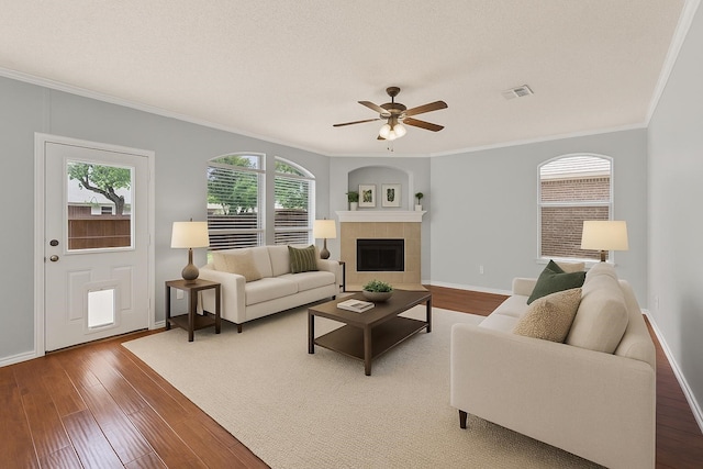 1106 Brook Ridge Ave, Allen, TX 75002 - living room featuring ornamental molding, wood-type flooring, a ceiling fan, and baseboards