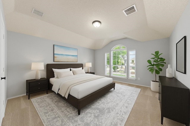 1106 Brook Ridge Ave, Allen, TX 75002 - bedroom featuring light colored carpet, vaulted ceiling, baseboards, and a textured ceiling