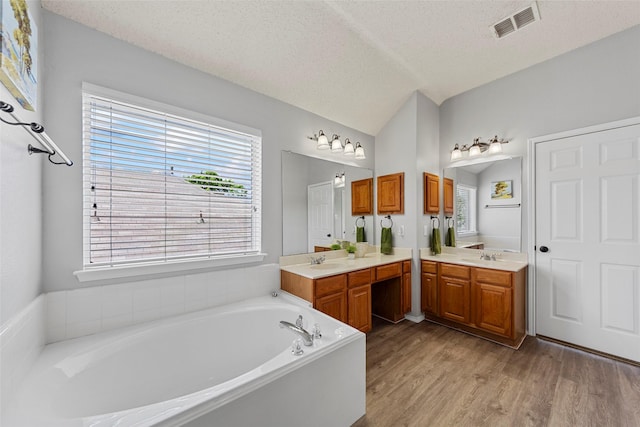 1106 Brook Ridge Ave, Allen, TX 75002 - full bath featuring a garden tub, vanity, wood finished floors, a textured ceiling, and lofted ceiling