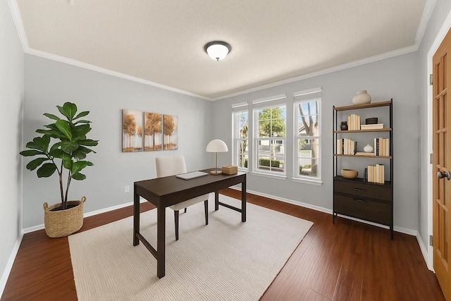 1106 Brook Ridge Ave, Allen, TX 75002 - office area with ornamental molding, baseboards, and dark wood-style flooring