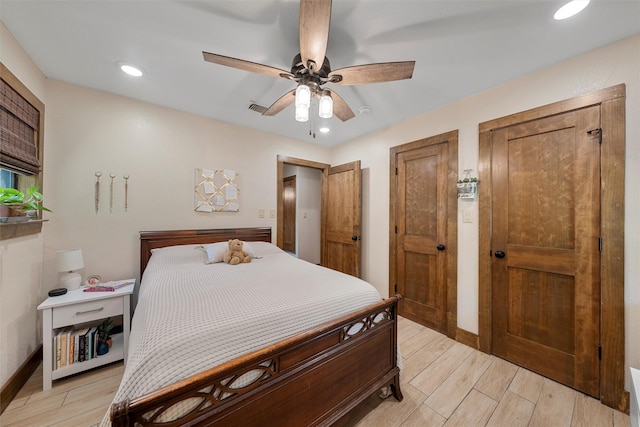 10048 E State Highway 36, Jonesboro, TX 76538 - bedroom featuring light wood finished floors, recessed lighting, ceiling fan, and baseboards