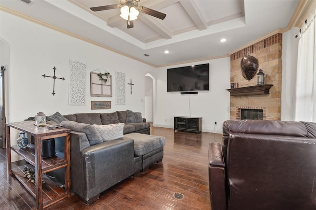 705 La Paloma Rd, Sanger, TX 76266 - living area featuring arched walkways, coffered ceiling, a ceiling fan, dark wood finished floors, and recessed lighting