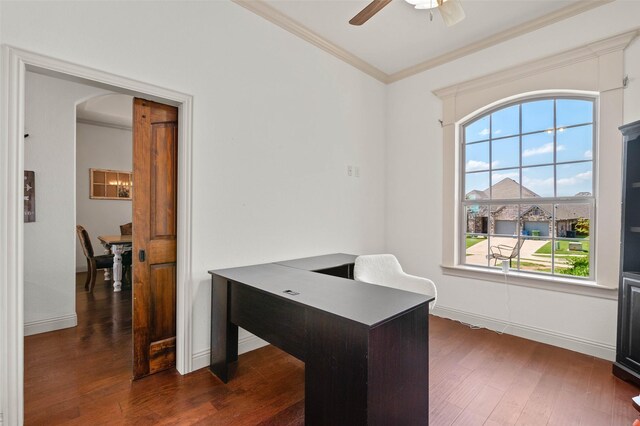 705 La Paloma Rd, Sanger, TX 76266 - office area with ornamental molding, ceiling fan, dark wood-style floors, and arched walkways