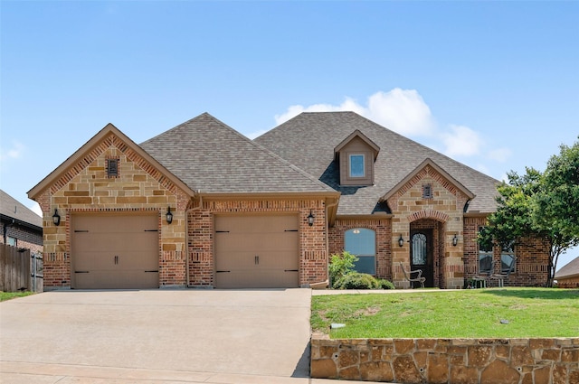 705 La Paloma Rd, Sanger, TX 76266 - french country inspired facade featuring a garage, driveway, brick siding, and a shingled roof