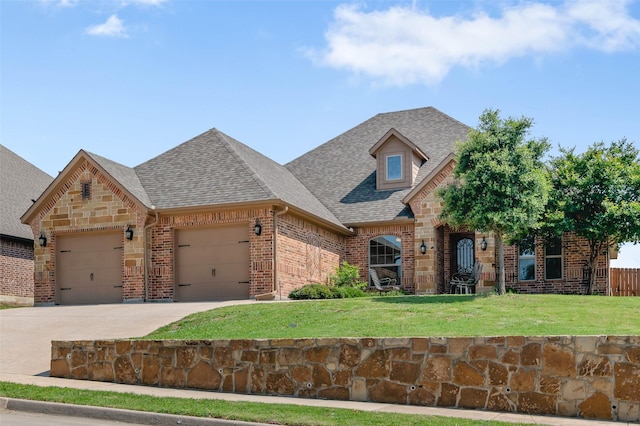 705 La Paloma Rd, Sanger, TX 76266 - view of front facade featuring brick siding, a garage, roof with shingles, a front yard, and driveway