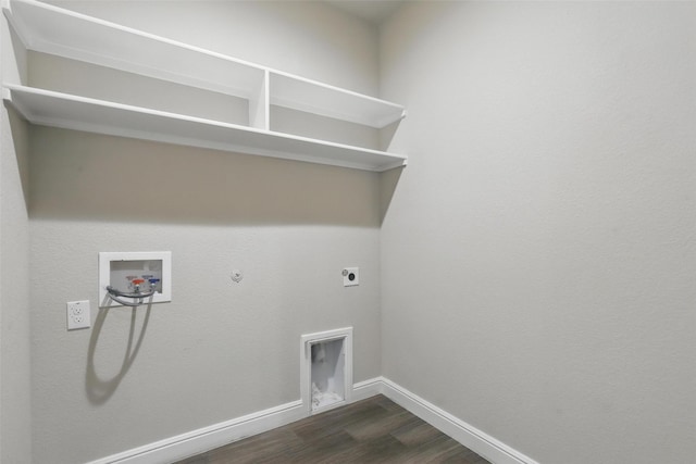 1253 Presidio Ln, Weatherford, TX 76087 - laundry room featuring hookup for an electric dryer, dark wood-type flooring, gas dryer hookup, baseboards, and washer hookup