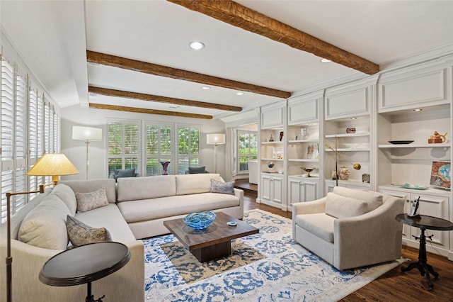 6015 Meadowcreek Dr, Dallas, TX 75248 - living room featuring wood finished floors, plenty of natural light, recessed lighting, and beamed ceiling