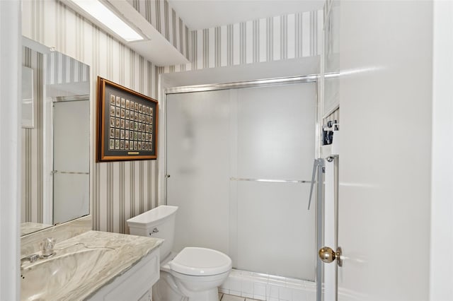 6015 Meadowcreek Dr, Dallas, TX 75248 - full bath featuring wallpapered walls, vanity, an enclosed shower, toilet, and tile patterned flooring