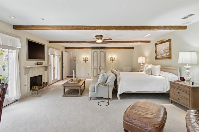 6015 Meadowcreek Dr, Dallas, TX 75248 - bedroom featuring beam ceiling, carpet flooring, a fireplace with flush hearth, recessed lighting, and ceiling fan